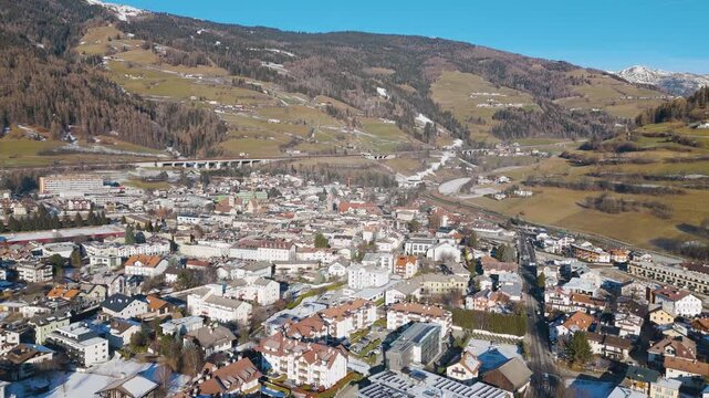 Aerial drone video of the mountain town named Sterzing in the Italian alps.