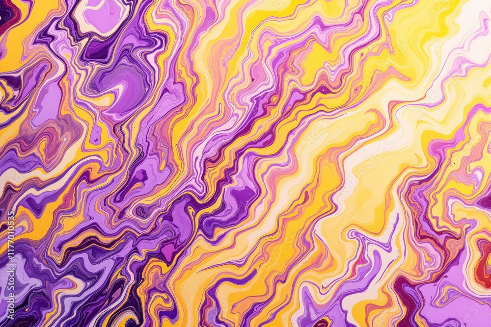 Poster Abstract marbled background with vibrant yellow and purple wavy patterns.