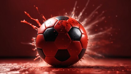 Fototapeta premium Soccer Ball on Red Explosive Background l concept of a soccer ball with splashes, copy space ,banner