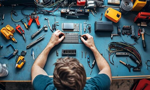 A person working on electronics at a cluttered workbench with various tools and components.
