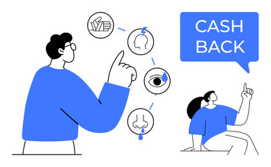 Two people engage with icons representing senses and a CASH BACK message. Circular icons of hand, head, eye, and nose. Ideal for finance, sensory perceptions, customer rewards, human interactions