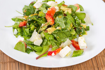 Salad of mozzarella and fresh vegetables, leaf lettuce, close-up
