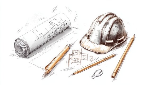Handdrawn architect tools including a helmet compass and paper roll