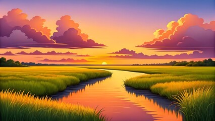 Tranquil Sunset Over a Marshland River with Golden Grass and Vibrant Sky Reflections  