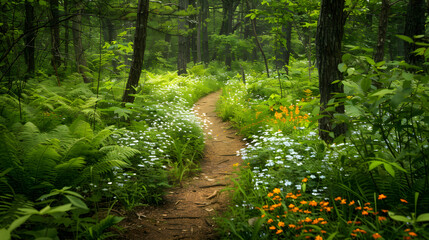 Quiet forest trail adventures. Explore nature trails with ferns. Wildflowers in serene forests. Best hiking spots for peaceful escapes.