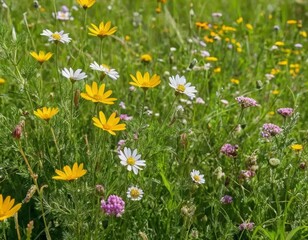 Fototapeta premium A green meadow with colorful wildflowers in the foreground