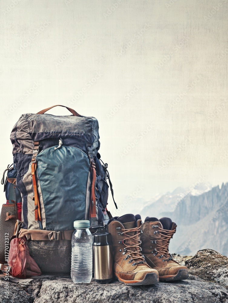Aufkleber essential backpacking gear ready for adventure in the mountains with copy space for text. generative