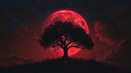 Naklejka premium Silhouette of a lone tree with dark branches beneath a radiant red moon in the night sky