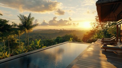 A peaceful infinity pool overlooks a lush tropical landscape as the sun sets in the distance. Soft clouds drift across the sky, casting warm hues over the serene scene