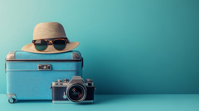 Travel essentials camera hat and suitcase on blue background