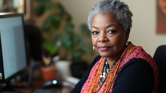 An informal shot of a relaxed professional older black woman smiling warmly to camera in her office, natural lighting, wide landscape ratio 16:9
