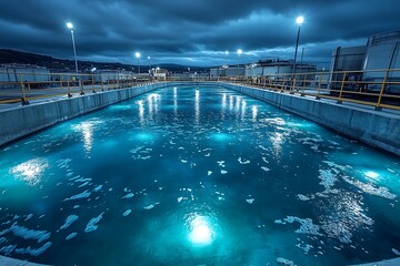 Illuminated water treatment plant at night, showcasing industrial technology.