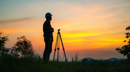 Silhouette of a confident engineer standing onsite overseeing construction against a blurred site and natural background
