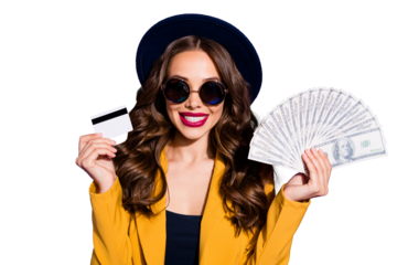 Close-up portrait of her she nice-looking lovely charming chic gorgeous cheerful cheery glad wavy-haired lady holding in hands large sum isolated over bright vivid shine violet lilac background