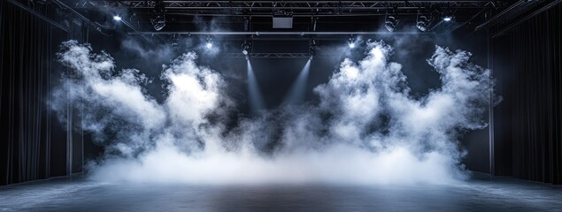 Illuminated stage with dramatic lighting and smoke, creating a captivating atmosphere for performances and presentations.