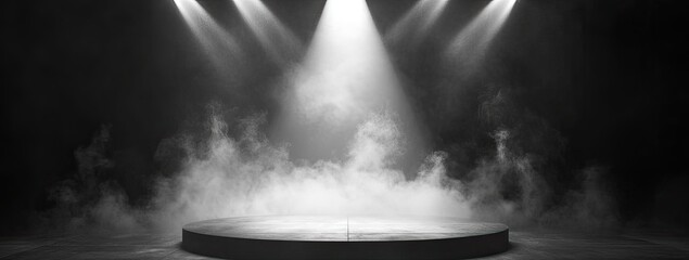 Illuminated stage with dramatic lighting and smoke, creating a captivating atmosphere for performances and presentations.