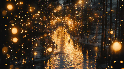 Magical winter night scene with golden lights reflecting on a calm canal.