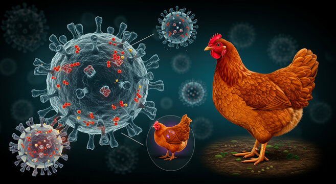 Chicken, virus and disease concept with avian flu or bird flu. Poultry, infection and outbreak with epidemic and danger, illness for animal health, prevention and pandemic, biosecurity in farm