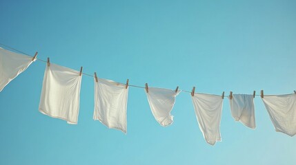 A series of white garments hang from a clothesline, gently swaying in the breeze. The backdrop features a clear blue sky, emphasizing the freshness of the laundry