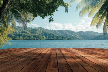 Empty rustic wooden table on blur background of beautiful beach for mockup summer product display or travel ad Picnic table with customizable space on tabletop for editing Flawless : Generative AI