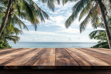 Empty rustic wooden table on blur background of beautiful beach for mockup summer product display or travel ad Picnic table with customizable space on tabletop for editing Flawless : Generative AI