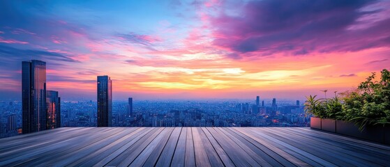 A view of a city skyline with skyscrapers during sunset, seen from a rooftop deck with wood planks