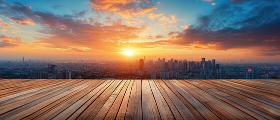 A view of a city skyline with skyscrapers during sunset, seen from a rooftop deck with wood planks