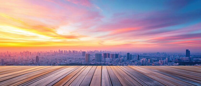 Fototapeta A view of a city skyline with skyscrapers during sunset, seen from a rooftop deck with wood planks
