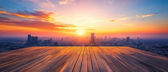 A view of a city skyline with skyscrapers during sunset, seen from a rooftop deck with wood planks