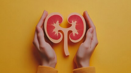A pair of hands gently cradles a colorful kidney model against a bright yellow backdrop. This visual emphasizes the importance of kidney health and education through engaging imagery
