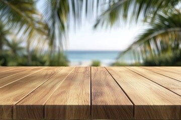 A stunning tropical beach view from a wooden deck, framed by lush green foliage, with a glimpse of turquoise waters and a sandy shoreline.