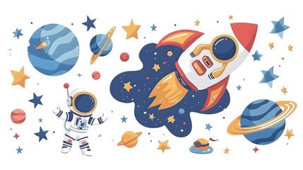 Rocket astronaut and Planets Space Cartoon Scene isolated on a transparent background