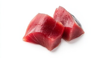 Two high-quality pieces of sushi grade tuna sit on a clean surface, prepared for cooking or sushi making. The rich red color indicates freshness and quality
