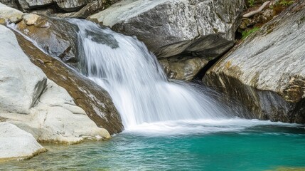 Stunning Waterfall Cascading Over Rocks in a Mountainous Landscape