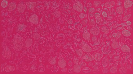 A Captivating Pink Botanical Print with Intricate Strawberry and Flower Illustrations