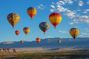 Obraz premium Colorful hot air balloons soaring above lush green fields during a sunny day