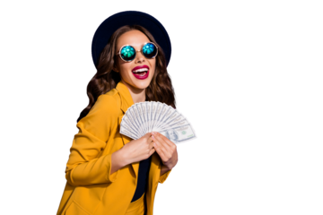 Portrait of her she nice lovely cheerful cheery glad rich wealthy wavy-haired lady holding in hands large budget sum grant lottery win isolated over bright vivid shine violet lilac background