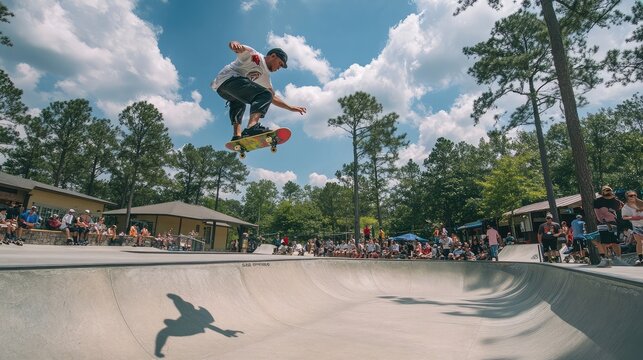 Skateboarder performing a trick mid-air at a skate park