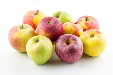 A small cluster of mixed apples in different colors, arranged neatly on a crisp white backdrop.