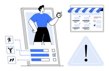 User checking fitness progress on smartphone with icons for different exercises, online shop interface with products, and alert sign. Ideal for fitness, app development, e-commerce, technology