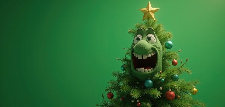 Animated green tree with ornaments and a quirky expression - Powered by Adobe