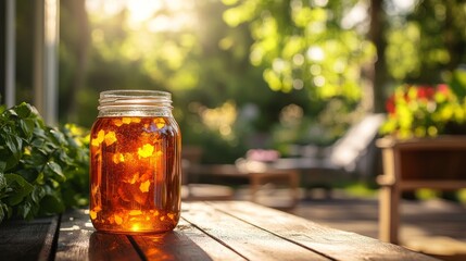 Refreshing lemonade in a jar with sunflowers during golden hour at a peaceful backyard