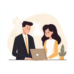 Professional Business Collaboration Between Male and Female Colleagues Discussing Ideas While Engaged With Laptop in Modern Office Environment
