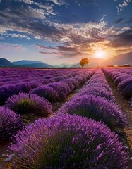 Fototapeta premium Stunning landscape with lavender field at sunset, Stunning lavender field landscape Summer sunset