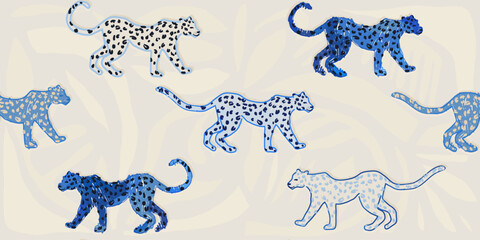 Modern abstract hand drawn print with leopards. Bohemian naive style contemporary seamless pattern. Hand drawn unique print.