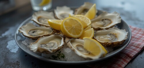Fresh oysters with lemon on a plate