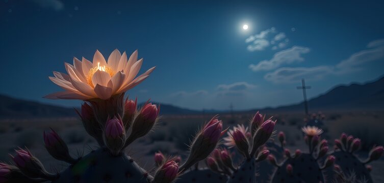 Blooming cactus flower under a full moon