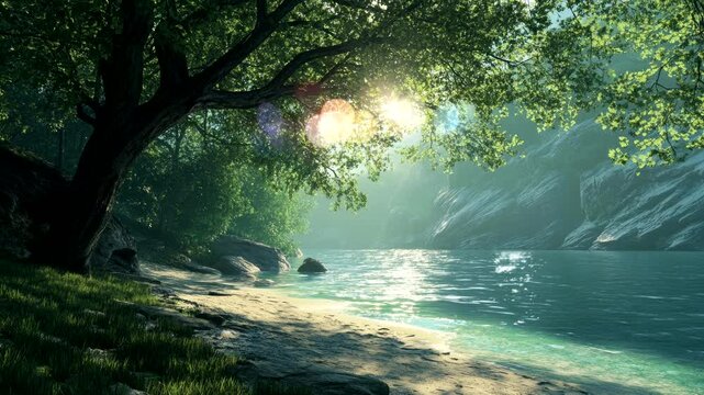 Sunlit riverbank with overhanging tree and calm water reflecting morning light. Peaceful nature concept