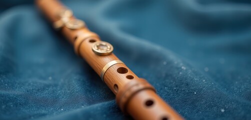 Wooden flute on blue fabric background