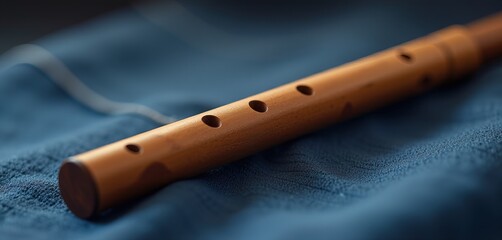 Naklejka premium Wooden flute on blue fabric background